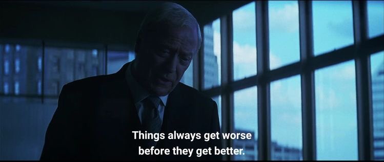 A scene from The Dark Knight featuring Alfred.